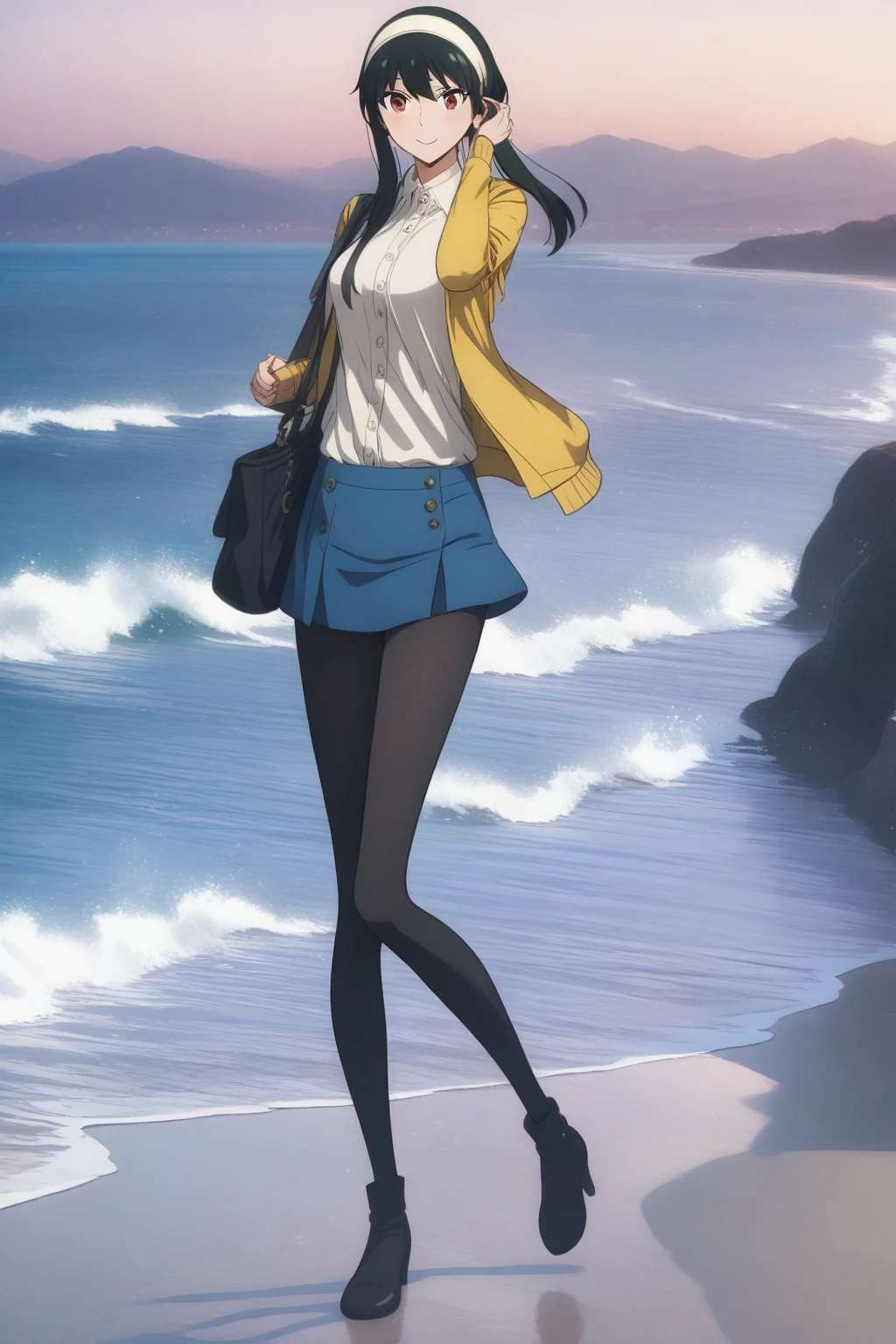 A cartoon woman in a short skirt and leggings walking on the beach, individual，Anime beauty walking on water, Smooth anime CG art, Beautiful animation, Anime style illustrations, Beautiful animation artwork, Anime art style, Black hair. Digital Rendering，Mature beauty