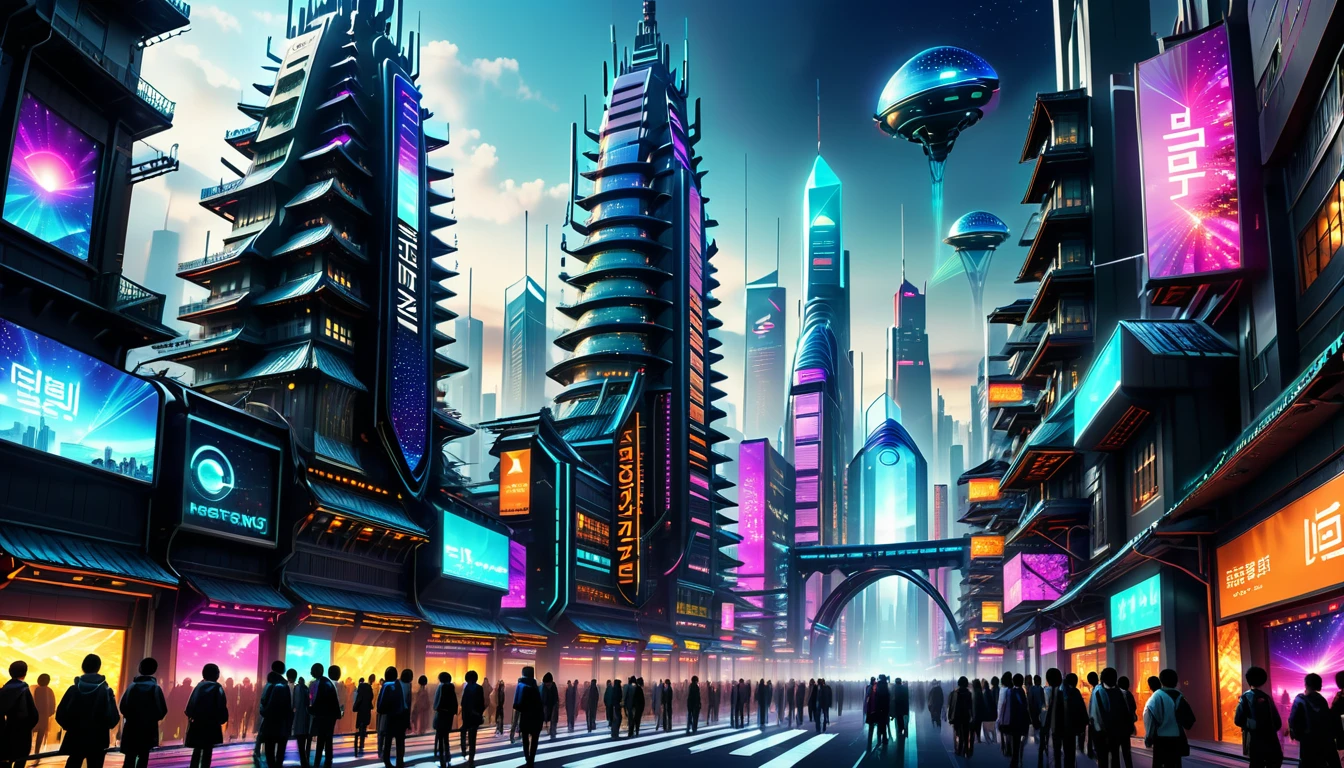 (LED Vision), Imaginary City, (Near Future) (People Gathering), Signboard, Cyber, AI, View from the Ground, Night Scene, Bright Colors, Disciplined Buildings, Light Shot Towards the Sky from Each LED Vision, (Network Network), Global