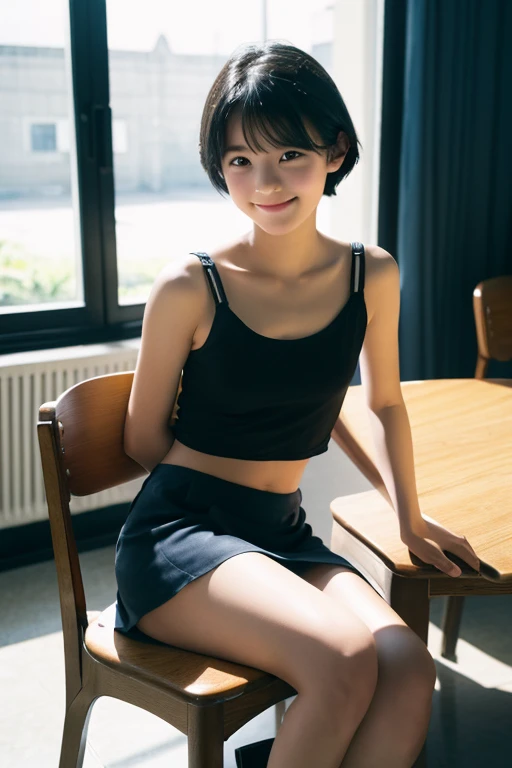 [[[]]],girl,short hair,Black Hair,smile,[[[Shining Eyes]]],Inside the room,Bed,Sit down,Tank top,skirt,small bulge in the chest,,front,Look here,transparent, (masterpiece, Highest quality), Soft Light, Structure of the film, Like in the movies