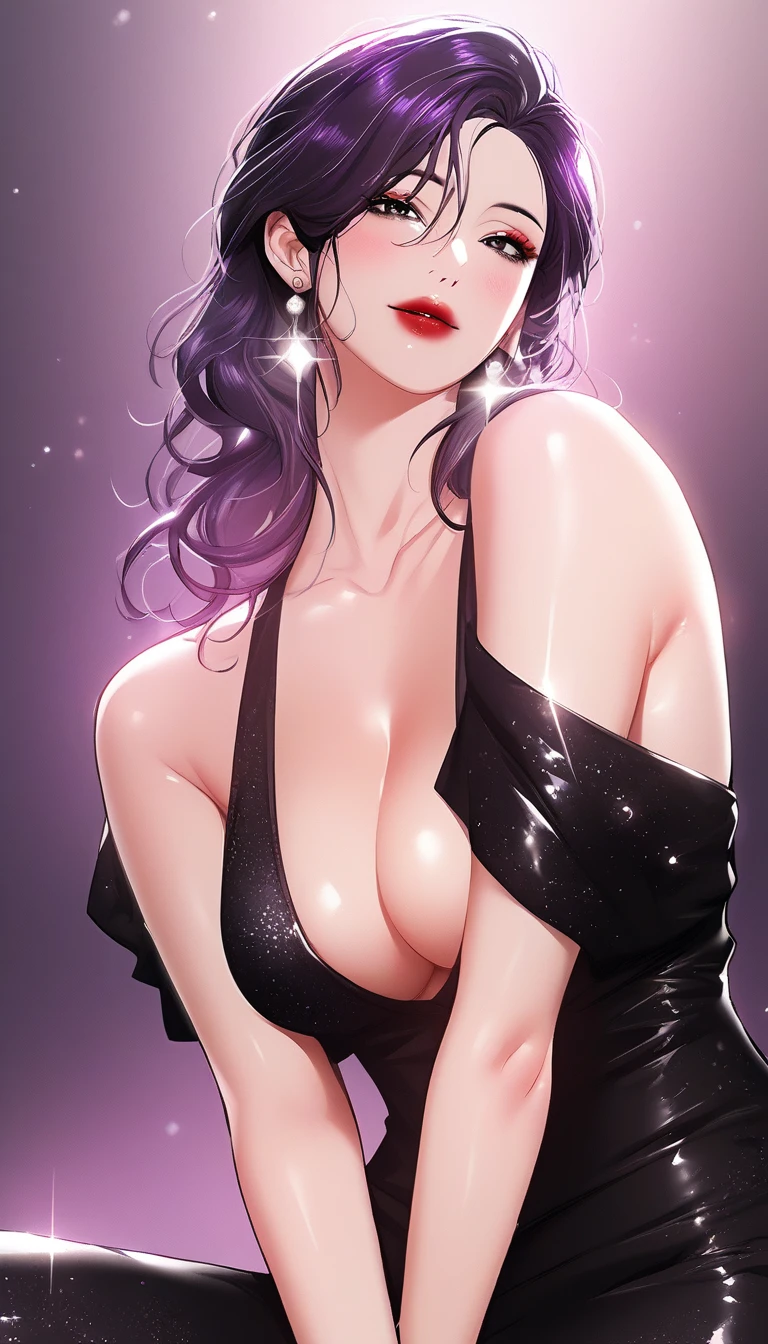 Hot beautiful sexy young milf  ,sexy pose,fashion photoshoot, red lipstick,long shiny threader Earrings, medium saggy breasts , dark violet hair ,bracelet ,detailed, black eyes, wearing neck plunging black dress,manhwa style,manhwa artist,manhwa moment , cleavage,makeup , beautiful, alluring, detailed eye,one side slick hair