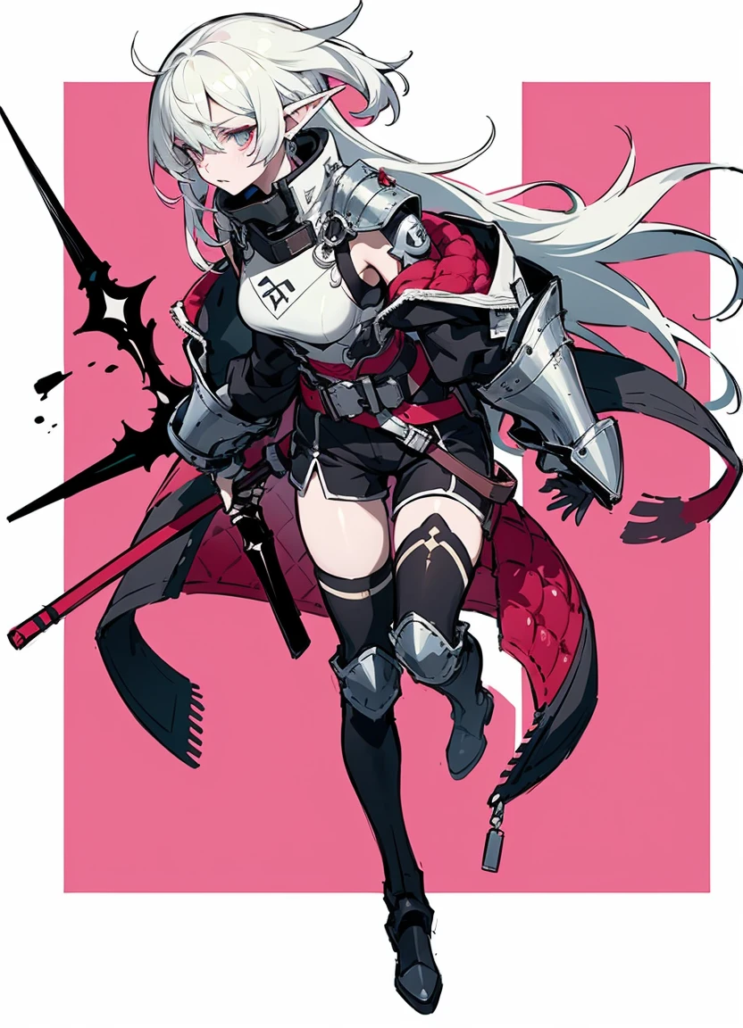  masterpiece,best quality,, (usnr:1.5) ,a digital drawing in an anime style, featuring a female character with distinct fantasy elements, she has long, flowing white hair adorned with black spikes, and her eyes are a striking red, giving her a fierce and determined expression, her skin is fair, and she wears pointed elf ears, indicating her elven heritage, she is dressed in a dark, armored outfit with a high collar, a white shirt underneath, and black shorts, her outfit is complemented by a black belt and thigh-high boots, the character is holding a large, sharp, pink rose in her right hand, with her left arm extended forward, as if she is about to strike, the background is a stark white, drawing attention to the character, the texture of the drawing is smooth, with sharp lines and shading that accentuate the character's armor and the rose, the overall color palette is dominated by dark shades of black, white, and pink, with splashes of pink adding a dynamic and intense atmosphere