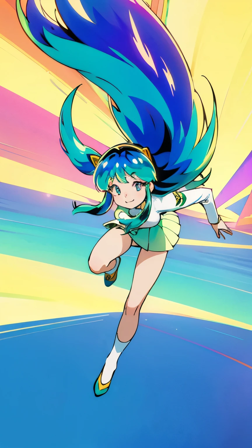 Lum from Urusei Yatsura、Beautiful Hair、In uniform、cute、Flying、A happy smile、A stunning composition、Background: Downtown