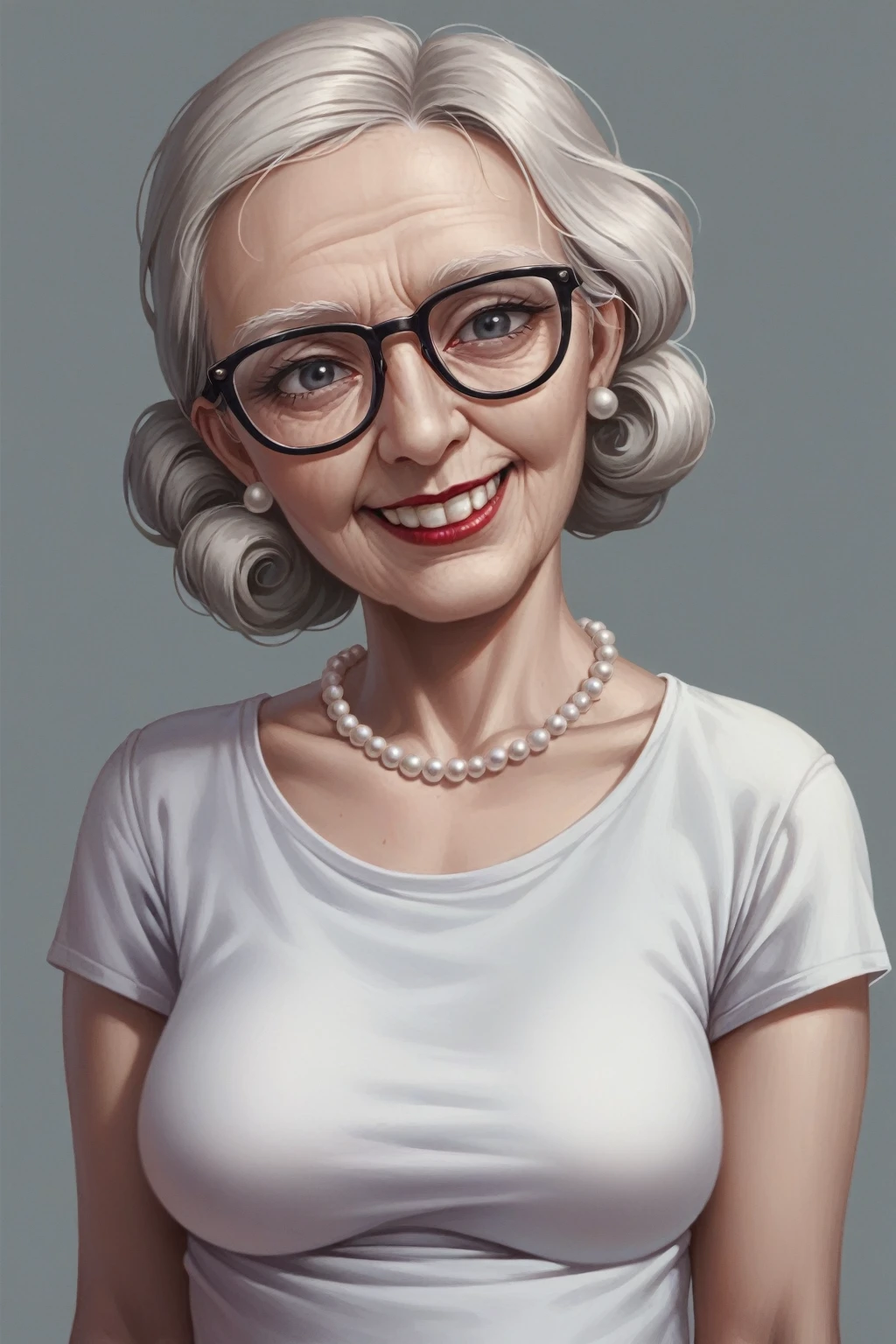 Prompt: score_9, score_8_up, score_7_up,hyperrealistic shadow low light, higher angle,nightime, art cinematic film still view from underneath woman photography in the style of detailed hyperrealism photoshoot, Extremely high-resolution details, gray background, elderly woman gray hair, warm smile, lipstick, white t-shirt, pearl necklace, black rimmed glasses
