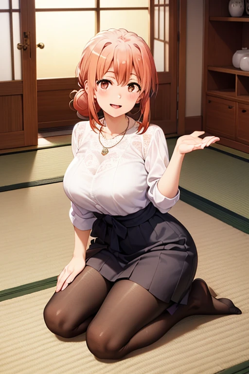 (hdr, highest resolution, best quality, beautiful, raw image, super detailed skin, perfect anatomy, nsfw, POV)), , ((1girl)), (orange hair), brown eyes , (blushing:1.4), ((smile)) ,open mouth , (slender), (large breasts), ((casual clothes, blouse, skirt, ,stockings, necklace)) , (( japanese style room, tatami, shoji window, no shoes, daytime)), (low table, tea pot), kneeling, arms raised in the air, front view