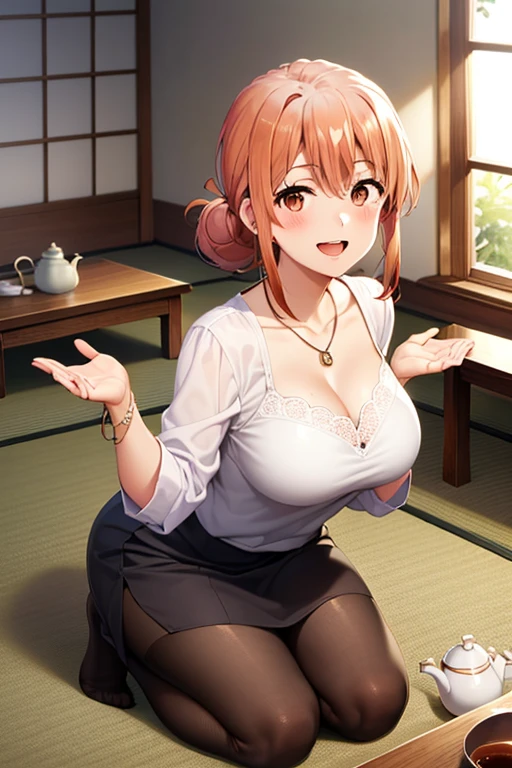 (hdr, highest resolution, best quality, beautiful, raw image, super detailed skin, perfect anatomy, nsfw, POV)), , ((1girl)), (orange hair), brown eyes , (blushing:1.4), ((smile)) ,open mouth , (slender), (large breasts), ((casual clothes, blouse, skirt, ,stockings, necklace)) , (( japanese style room, tatami, shoji window, no shoes, daytime)), (low table, tea pot), kneeling, arms raised in the air, front view