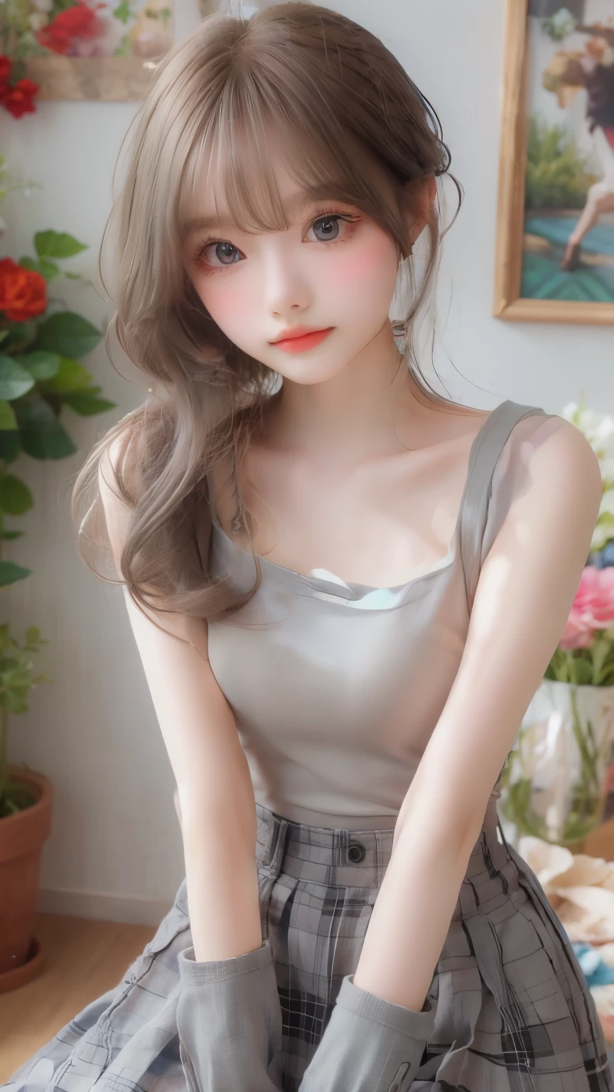 iridescence, ((from above)), ((whole body)), ((Sitting)), ((The skirt is short, Sexy long legs)), ((Bare shoulders)),Asian female model, Young beautiful girl, Random scenes, Striking an elegant pose, Charming pose, Heat and cold, Blonde Hair, curls, Messy long hair, Beautiful and delicate eyes, Full breasts, slim body, Warm Lights, Warm colors, masterpiece, Best quality, Official Art, Rich details, Clear face, Professional lighting, Physically Based Rendering, earrings, necklace, Light makeup, Pure Desire, Sexy, Correct limbs, Anatomically correct