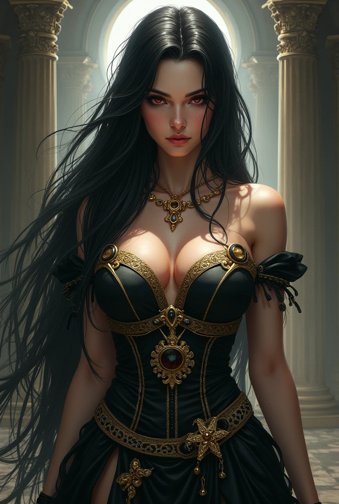 A gorgeous woman wearing a chain corset and a ((chainpunk)) aesthetic. She has long hair made entirely of chains, with belts and straps accentuating her figure. The overall theme of the image is centered around chains, symbolizing strength and sensuality. The image should be high quality, with ultra-detailed features and a realistic, photorealistic style. The color palette should be vibrant, with a focus on metallic tones and dark hues. The lighting should create a dramatic effect, emphasizing the contours of the woman's body and the intricate details of the chains.