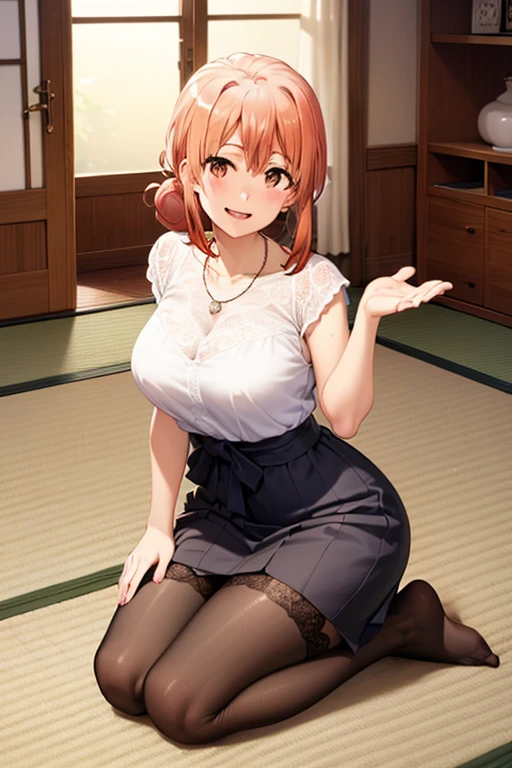 (hdr, highest resolution, best quality, beautiful, raw image, super detailed skin, perfect anatomy, nsfw, POV)), , ((1girl)), (orange hair), brown eyes , (blushing:1.4), ((smile)) ,open mouth , (slender), (large breasts), ((casual clothes, blouse, skirt, ,stockings, necklace)) , (( japanese style room, tatami, shoji window, no shoes, daytime)), low table, tea pot, kneeling, (arms raised in the air), front view