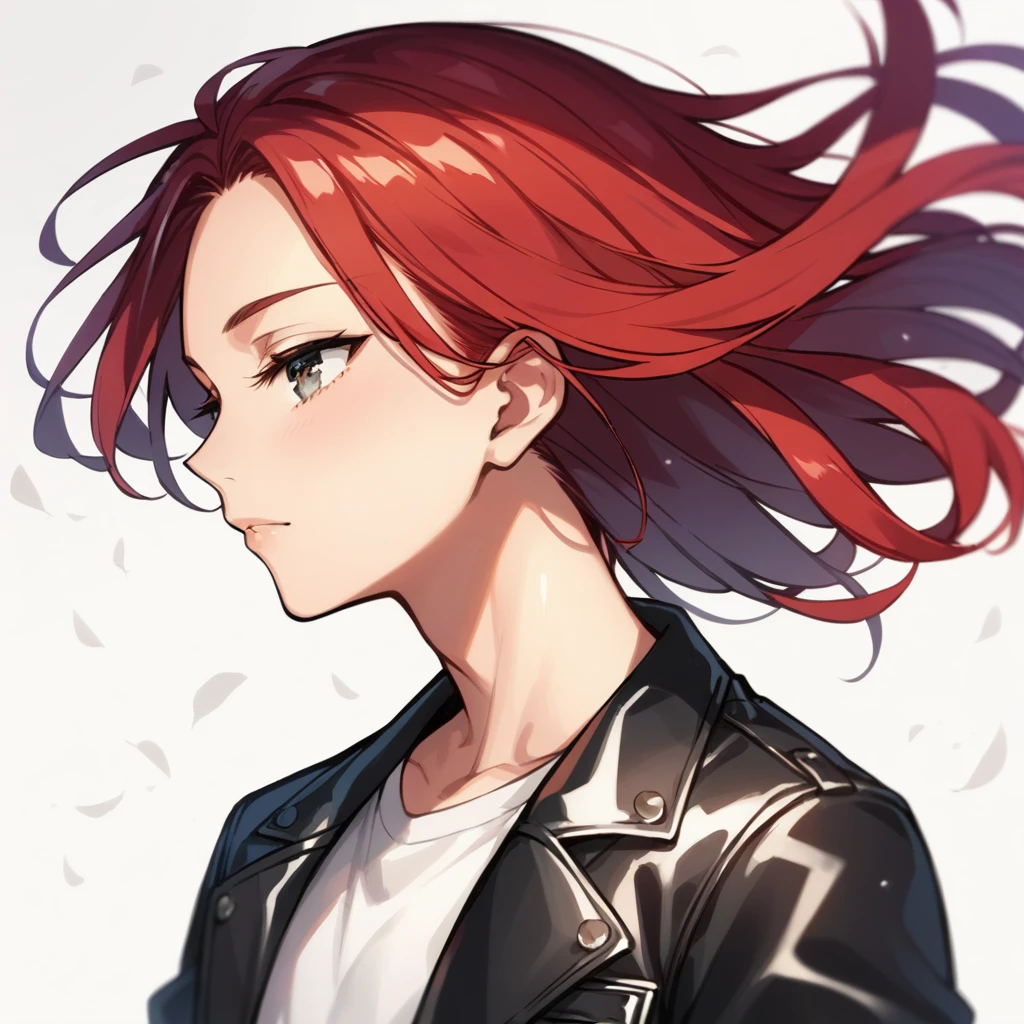 score_9, score_8_up, score_7_up, masterpiece, ultra-detailed,  pretty eyes, 1man, solo, flat chest, large pectorals muscle, small arms muscle, red hair, Medium hair, hime cut, half-closed eyes, Black Eye, strong wind, fluttering hair, Black leather jacket, Inner T shirt, White t shirt, White background, Simple background, face up