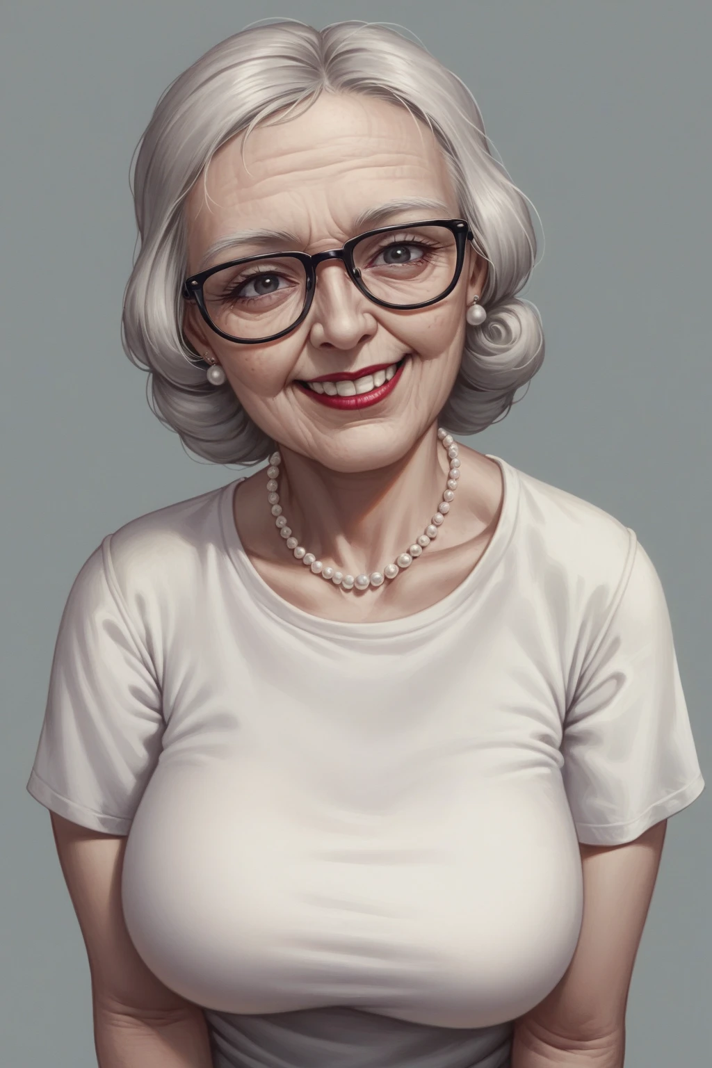 Prompt: score_9, score_8_up, score_7_up,hyperrealistic shadow low light, higher angle,nightime, art cinematic film still view from underneath woman photography in the style of detailed hyperrealism photoshoot, Extremely high-resolution details, gray background, elderly woman gray hair, warm smile, lipstick, white t-shirt, pearl necklace, black rimmed glasses
