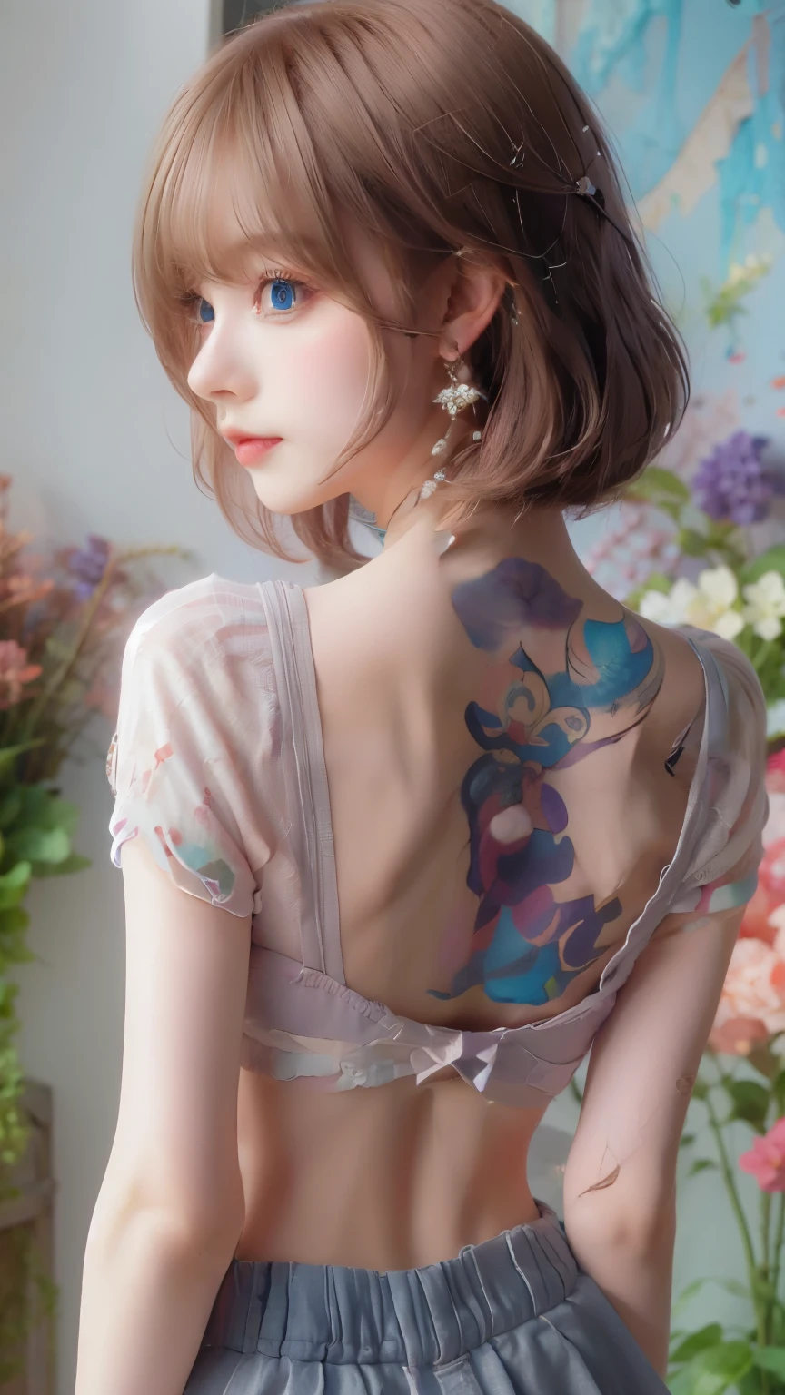 Short lilac hair,bell,Light blue eyes，Red floral tattoo,Crystal earrings,jitome,(surrealism:1.1),(Cinematic lighting:1.05),(reflective light:1.1),(letterboxed:1.15),(tachi-e:1.05),(From behind:1.1),hyper HD,Masterpiece:(1.2),(High details:1.1)