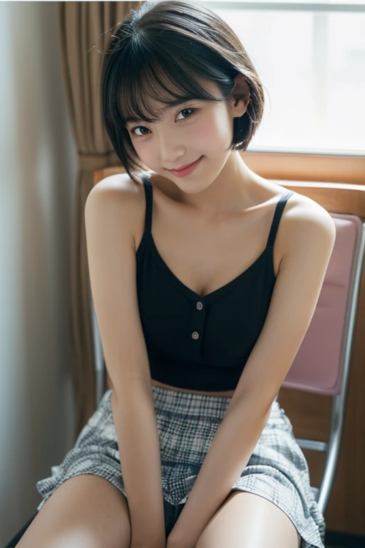 One Girl, short hair,Black Hair,smile,Inside the room, summer,bed,Sit down,Tank top,button,skirt,5th grade elementary school,Small cleavage,Look at this,transparent, (masterpiece, Highest quality), Soft Light, Structure of the film, Information like a movie