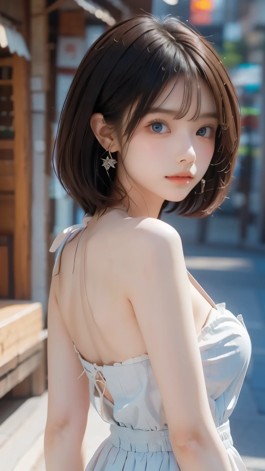 Short lilac hair,bell,Light blue eyes,Red floral tattoo,Crystal earrings,jitome,(surrealism:1.1),(Cinematic lighting:1.05),(reflective light:1.1),(letterboxed:1.15),(tachi-e:1.05),(From behind:1.1),hyper HD,Masterpiece:(1.2),(High details:1.1)
