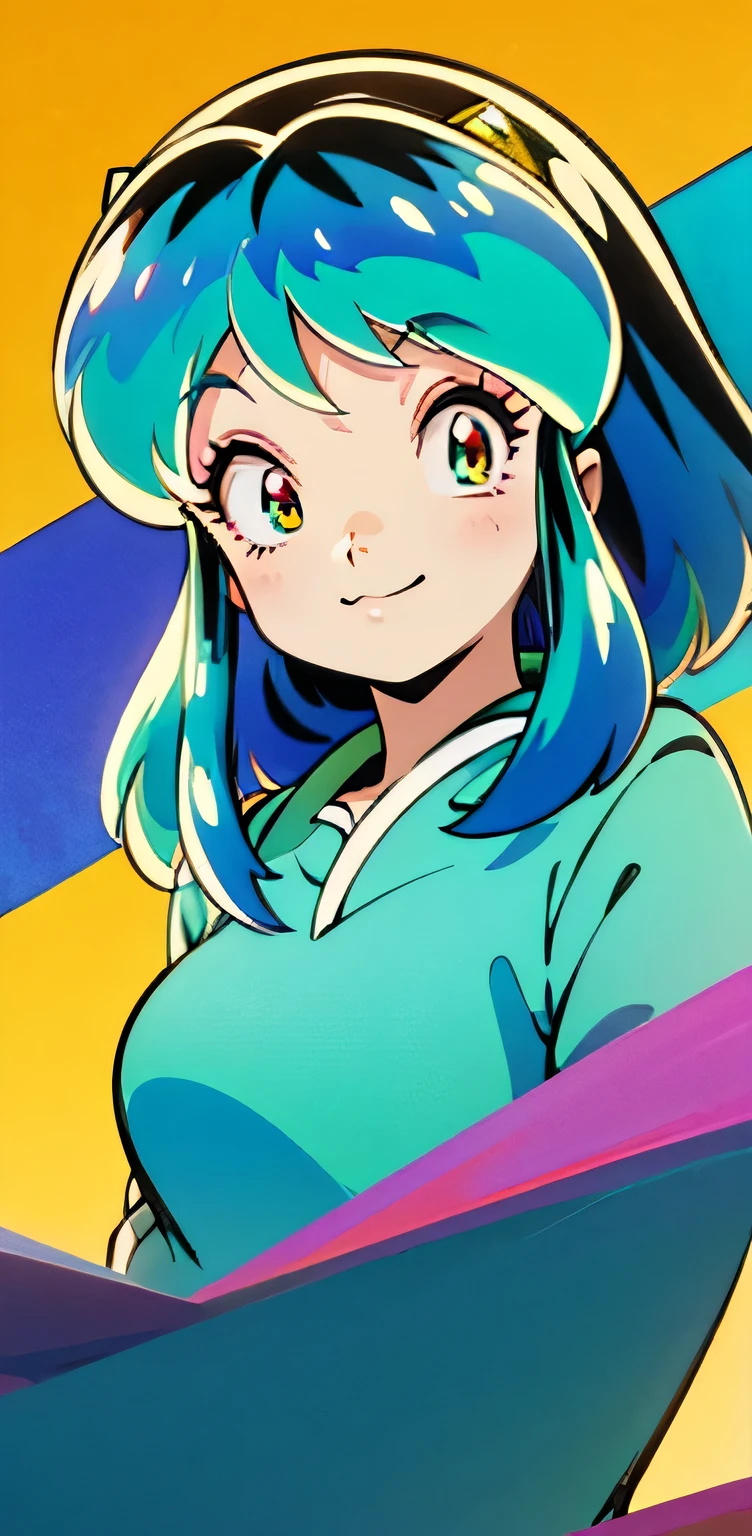 High Quality、4K.Lum from Urusei Yatsura、Beautiful Hair、School uniform、cute、A happy smile、Her smile is beautiful and radiant、A rich, detailed painting、Official illustrations、Inspired by Rumiko Takahashi