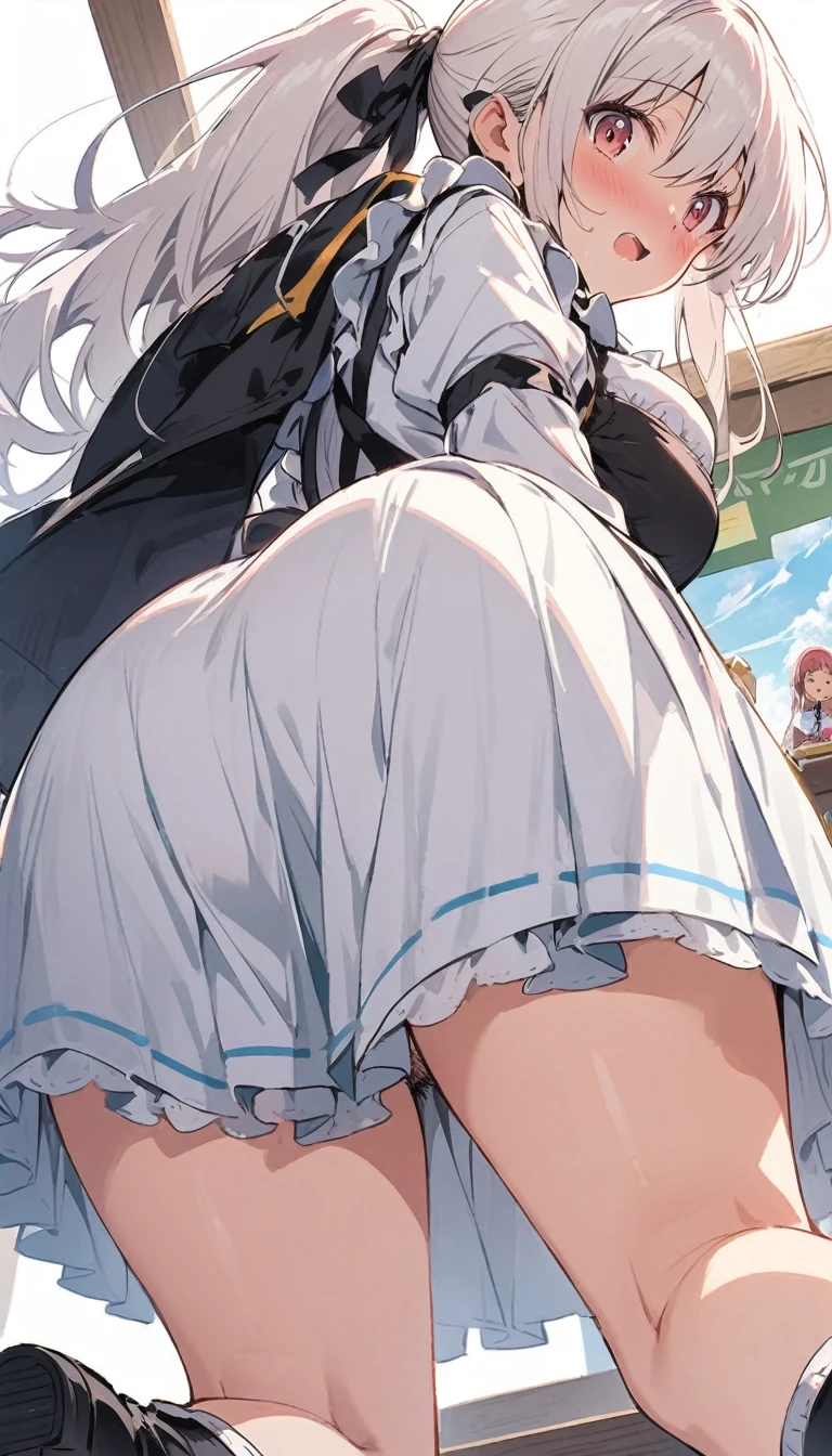 anime girl with big ass in a white dress and blue skirt, beautiful anime girl squatting, azur lane style, [ 4 k digital art ]!!, anime barbie in white stockings, the anime girl is crouching, giantess art, thighs!!!, thighs!!!!!!, bending over, white haired deity, pixiv 3dcg, thighs close up, thighs focus