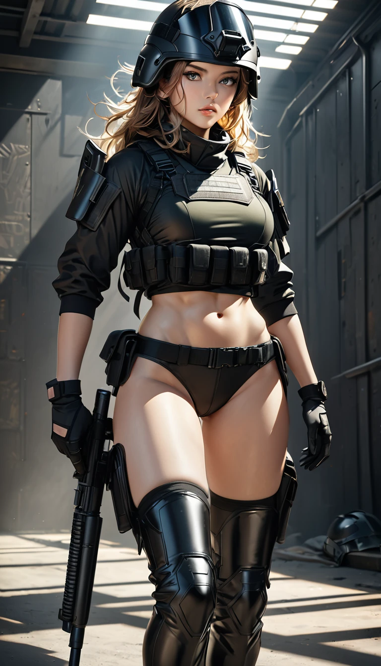 A BRASILEIRA SANDY ,linda corpo inteiro , LIGHT BLONDE HAIR Captivating appearance,olhos verdes,Smiling lips,olhar apaixonado,terno sedutor de mulher corpo inteiro,modelo de passarela,1.8m de altura,cabelo amarrado ,com traje futurista metal gear V , MEIAS FINAS NA ALTURA DA COXA ,COR PRETA TRANPARENTE , WITH RANDOM TEARS , Belt with ammunition , GUN IN HAND LEFT ARM ,HIGH ATTACK POSITION , CENA DE FILMES , INTERIOR MONTANHAS ,Planices , LEGS WITH SHORT UNDERWEAR IN PINK SOFT SHINE WITH 2 STRAPS ON EACH SIDE ,AMOSTRAR A VIRILHA SUTILMENTE ,sensual ,E GUERREIRA . PRETO BRILHO E VERDE BRILHO ,,melhor qualidade,alto)