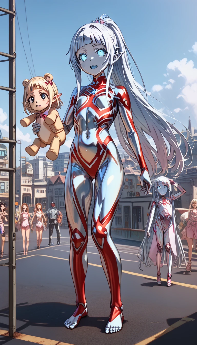 1girl, solo, 4k quality, masterpiece, best quality, yui (alo-sao), yui, long hair, blunt bangs, white hair, very long hair, high ponytail, pointy ears, elf, ultrawoman, robot, colored skin, glowing eyes, glowing blue eyes, sclera glowing, blue sclera, polished bronze, flat chest, giantess, giant, metallic face, metallic skin, shiny skin, glossy skins, glossy chrome face, glossy transparent colored metallic chrome skin, two tones skin, blue skin, gem on chest, colour timer on chest, chest jewel, belly jewel, blue jewel, muscular, muscular female, Female Bodybuilding Style, bodybuilder, muscular, hyper muscles, muscular abs, muscular arms, muscular legs, muscular neck, muscular pecs, muscular shoulders, muscular thighs, smile, open mouth, upper teeth only, round teeth, full body, barefoot, standing, stuffed animal, stuffed toy, hugging doll, holding, holding stuffed toy, holding teddy bear, indoor, warehouse