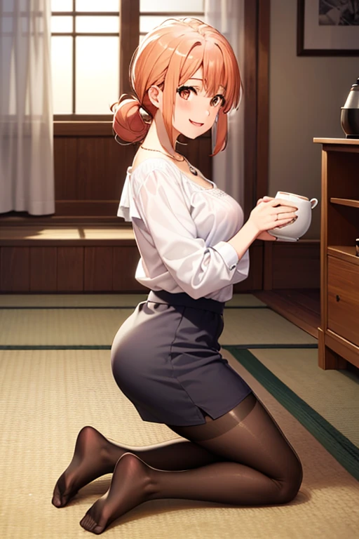 (hdr, highest resolution, best quality, beautiful, raw image, super detailed skin, perfect anatomy, nsfw, POV)), , ((1girl)), (orange hair), brown eyes , (blushing:1.4), ((smile)) ,open mouth , (slender), (large breasts), (naked:0.4), ((casual clothes, blouse, skirt, ,stockings, necklace)) , (( japanese style room, tatami, shoji window, no shoes, daytime)), low table, tea pot, kneeling, (undressing blouse), from side 