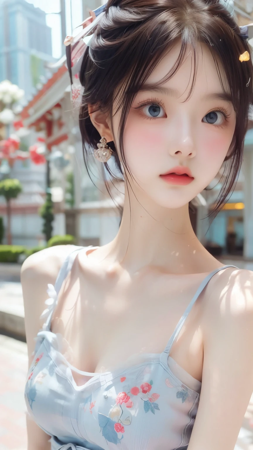 Short lilac hair,bell,Light blue eyes,Red floral tattoo,Crystal earrings,jitome,(surrealism:1.1),(Cinematic lighting:1.05),(reflective light:1.1),(letterboxed:1.15),(tachi-e:1.05),(From behind:1.1),hyper HD,Masterpiece:(1.2),(High details:1.1)