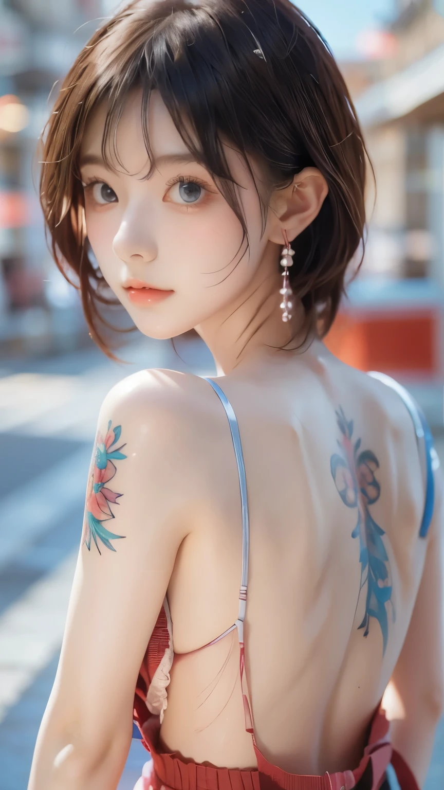 Short lilac hair,bell,Light blue eyes,Red floral tattoo,Crystal earrings,jitome,(surrealism:1.1),(Cinematic lighting:1.05),(reflective light:1.1),(letterboxed:1.15),(tachi-e:1.05),(From behind:1.1),hyper HD,Masterpiece:(1.2),(High details:1.1)