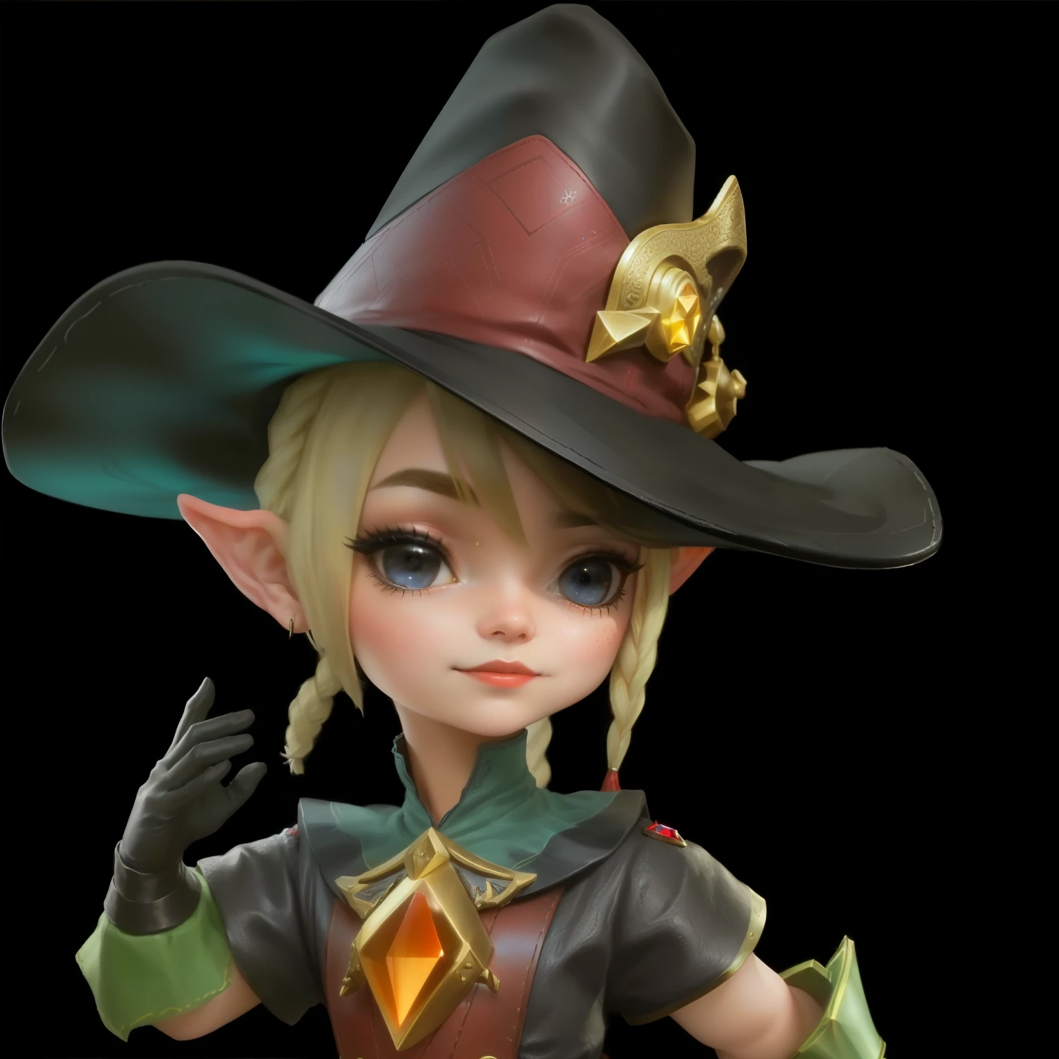 With magic hat，dwarf，Character Close-up，Wearing braids，Black fabric and red leather hat，Wrinkles，Metal decoration，Metal Material，Metallic luster，Crystal Stone，Philosopher&#39;s Stone， Black background, Character portrait concept art, Character Art Close-up, League of Legends avatar，Diablo concept art