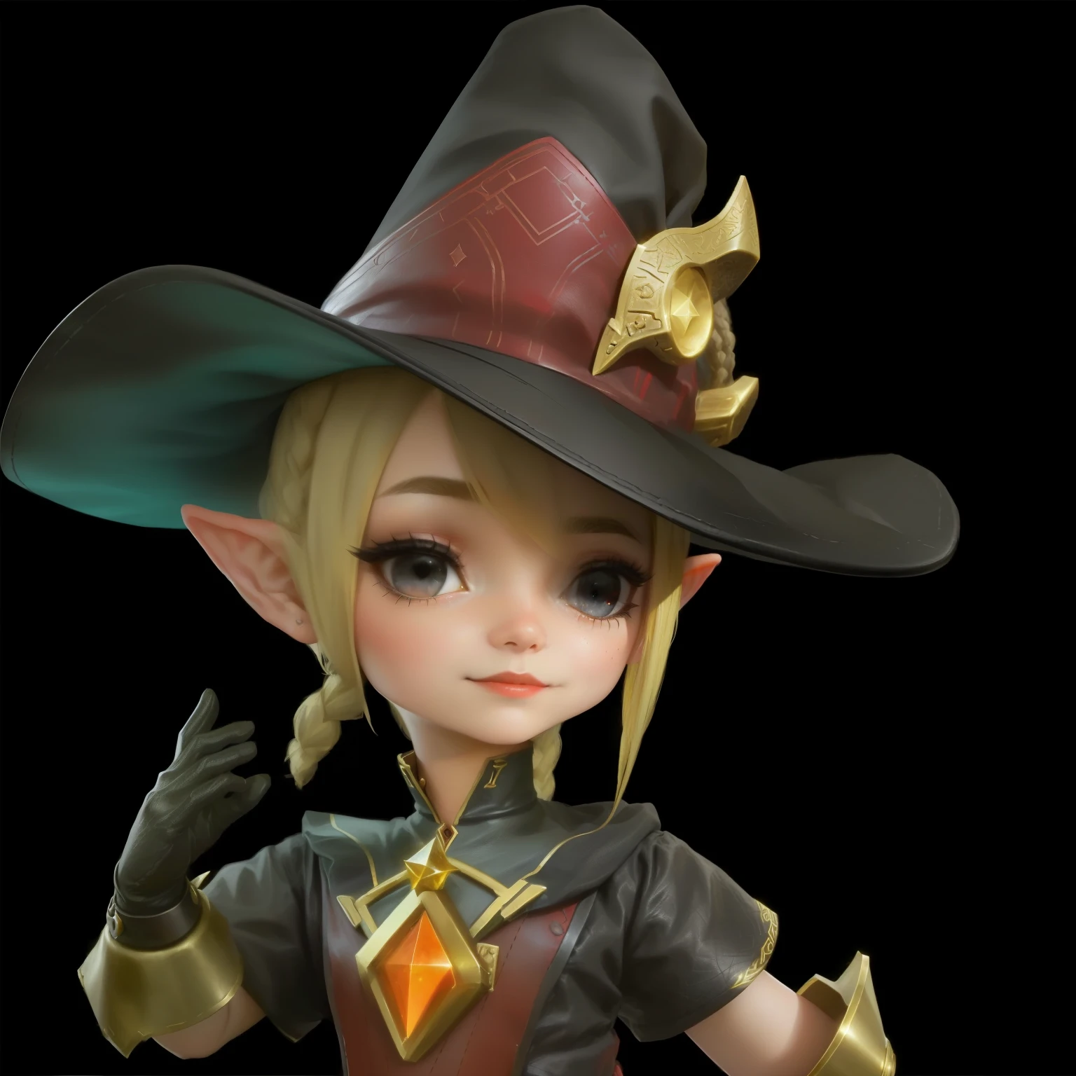 With magic hat，dwarf，Character Close-up，Wearing braids，Black fabric and red leather hat，Wrinkles，Metal decoration，Metal Material，Metallic luster，Crystal Stone，Philosopher&#39;s Stone， Black background, Character portrait concept art, Character Art Close-up, League of Legends avatar，Diablo concept art