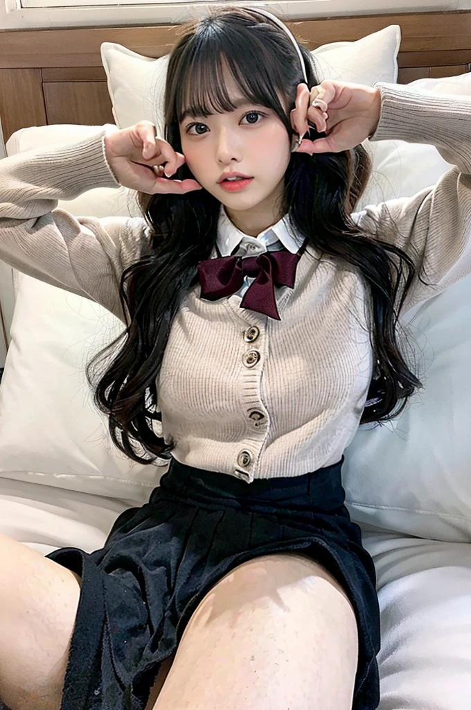 Beautiful high school student with outstanding style、((Detailed pussy))、skirt、sweater、uniform、Big Breasts、On the bed、Legs wide open、Long Black Hair、Mouth open and eyes closed