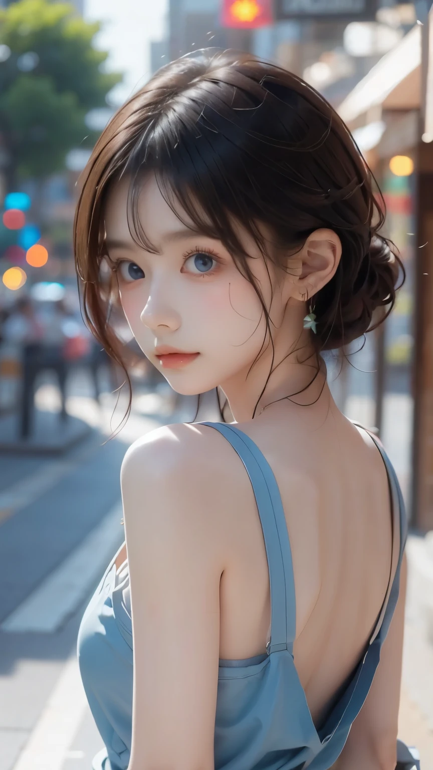 Short lilac hair,bell,Light blue eyes,Red floral tattoo,Crystal earrings,jitome,(surrealism:1.1),(Cinematic lighting:1.05),(reflective light:1.1),(letterboxed:1.15),(tachi-e:1.05),(From behind:1.1),hyper HD,Masterpiece:(1.2),(High details:1.1)