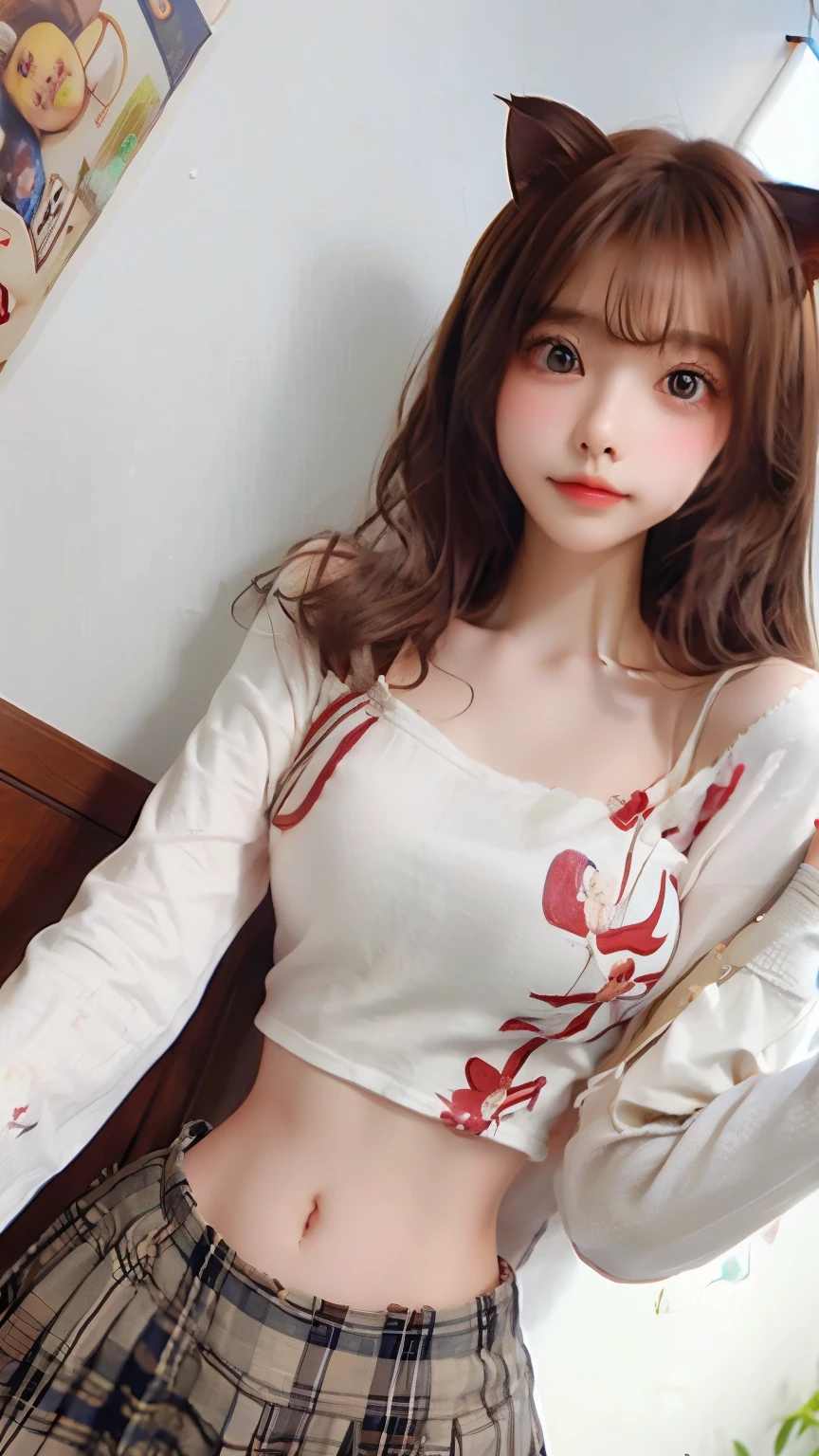 Araffe asian girl with long hair wearing a white shirt and plaid skirt ...