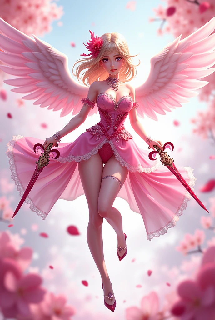 (ultra realistic,32k, masterpiece:1.2),(high detailed skin:1.1),( high quality:1.1),
1girl, pink hair, ponytail hair, bangs, (cupid amor costume:1.2),small angel wings,Tulle Skirt, knee high socks,[<lora:ValentineNatureStyle:1.5>ValentineNatureStyle, flowers, hearts:<lora:redcrystal-nvwls-v1:0.5>redcrystal, red theme, rubies,ruby:20],fighting stance pose, (huge breast,large breast,:1.1),<lora:add_detail:0.84>,
(bioluminiscent:1.1),    blurry background