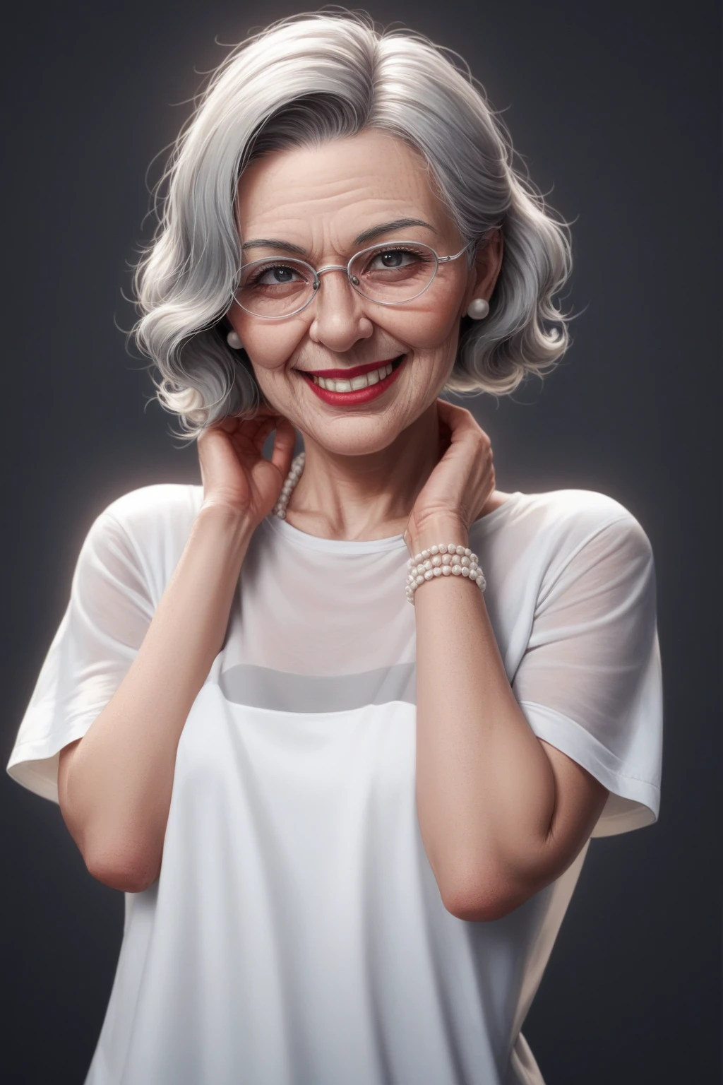 Prompt: score_9, score_8_up, score_7_up,hyperrealistic shadow low light, higher angle,nightime, art cinematic film still view from underneath woman photography in the style of detailed hyperrealism photoshoot, Extremely high-resolution details, gray background, elderly small flat-chested woman gray hair, warm smile, lipstick, white t-shirt, pearl necklace, black rimmed glasses, hands behind neck
