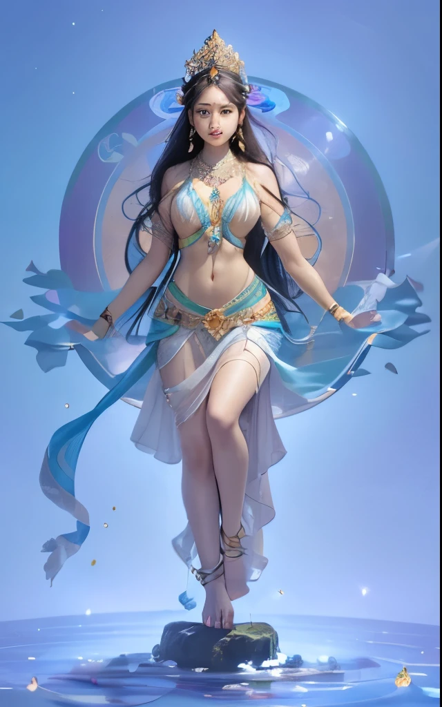 (((Beautiful goddess)))，Standing barefoot on a large lotus in the water，（（（Green Skin））），hand seal，crown，necklace，Yingluo，The ribbon flutters on him，Beautiful and delicate facial features，rosy, Smooth and delicate skin，Long shoulder hair，barefoot，Perfect hands，Perfect feet，There is a circle of light behind the body，Front full body lighting，Radiant body，There are no shadows on the body，Clear skies，Rainbow in the sky wind blowing skirt，Characters shine，Depth and spatial hierarchy，Bright sky，glow，flame，Clean picture background、flat，unique perspective，masterpiece，Realistic professional photography