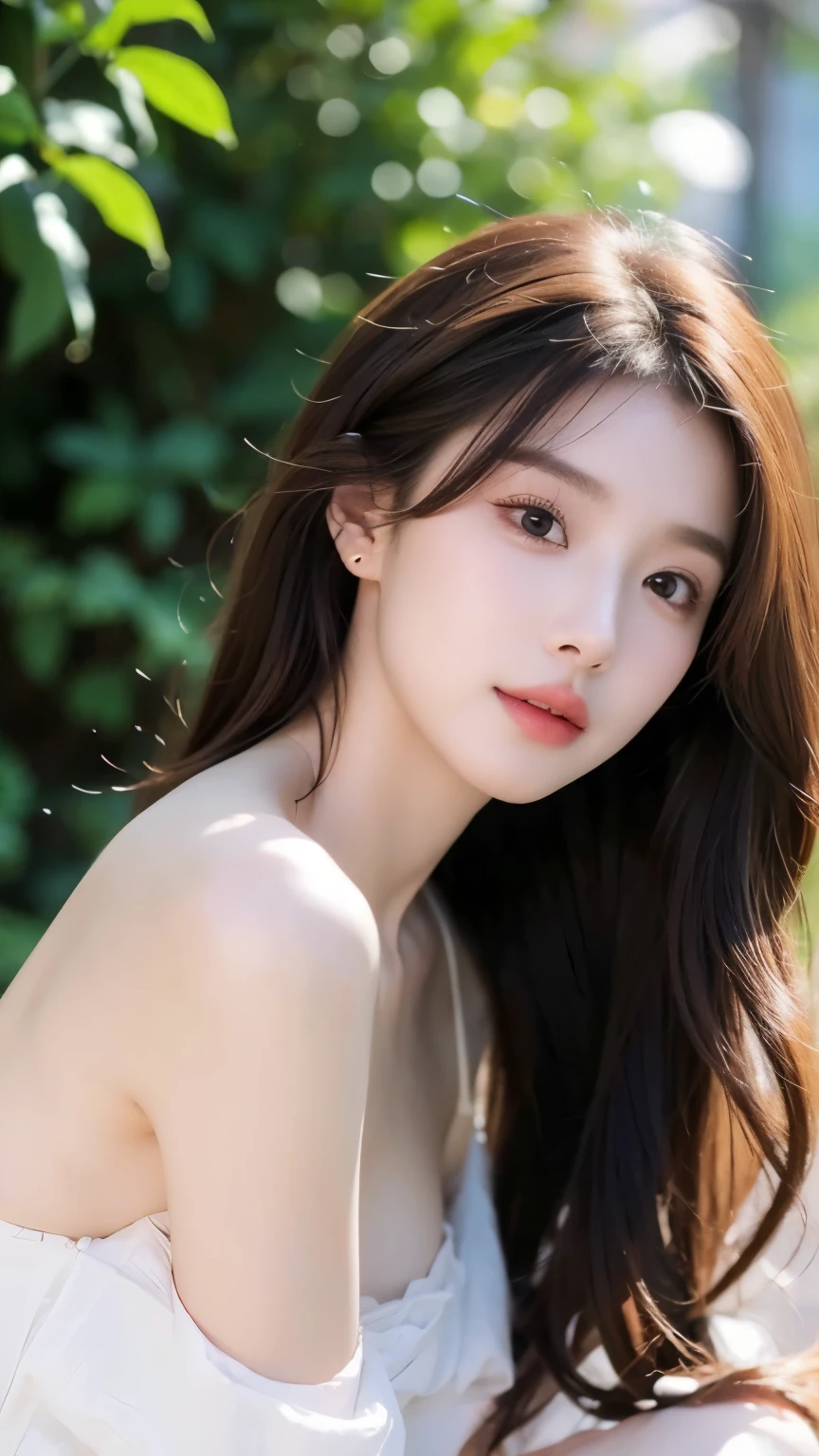 ((8K, highest quality, masterpiece, 超A high resolution, Photoreal:1.4)), 1 girl, laughter:1.2, Highly detailed face and skin texture:1.1, double eyelid, Extremely long straight black hair fluttering in the wind, looking at the viewer, very beautiful face:1.5, beautiful lips, beautiful eyes, shiny skin, pure white skin:1.2, off shoulder:1.3,Beautiful earlobes,beautiful clavicle, open valley:1.2, transparency:1.3, gentle smile, street corner, autumn&#39;s, thin, big breasts:1.2, shiny necklace and earrings, Light blue and light cloth clothing:1.3, upper body only