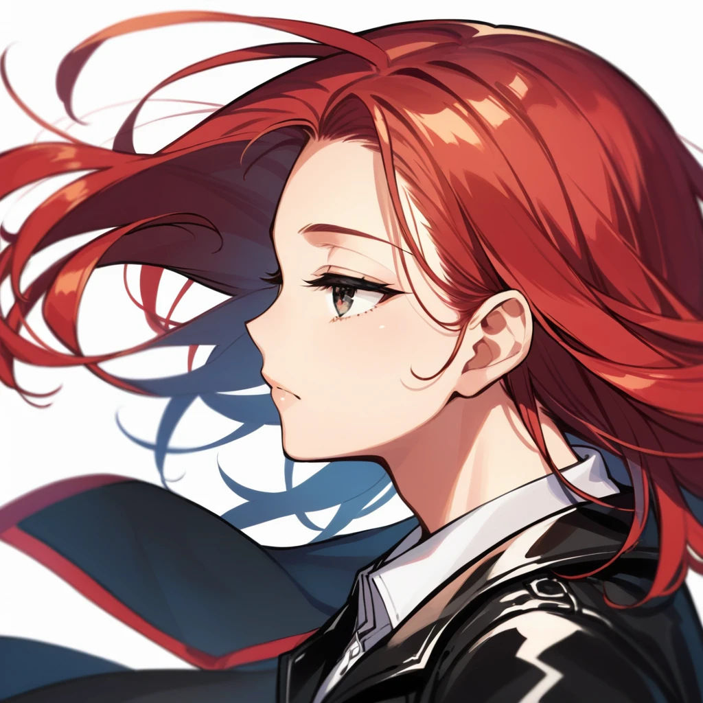 score_9, score_8_up, score_7_up, masterpiece, ultra-detailed,  pretty eyes, 1man, solo, flat chest, large pectorals muscle, small arms muscle, red hair, Medium hair, hime cut, half-closed eyes, Black Eye, strong wind, fluttering hair, Black leather jacket, Inner T shirt, White t shirt, White background, Simple background, face up, from side,