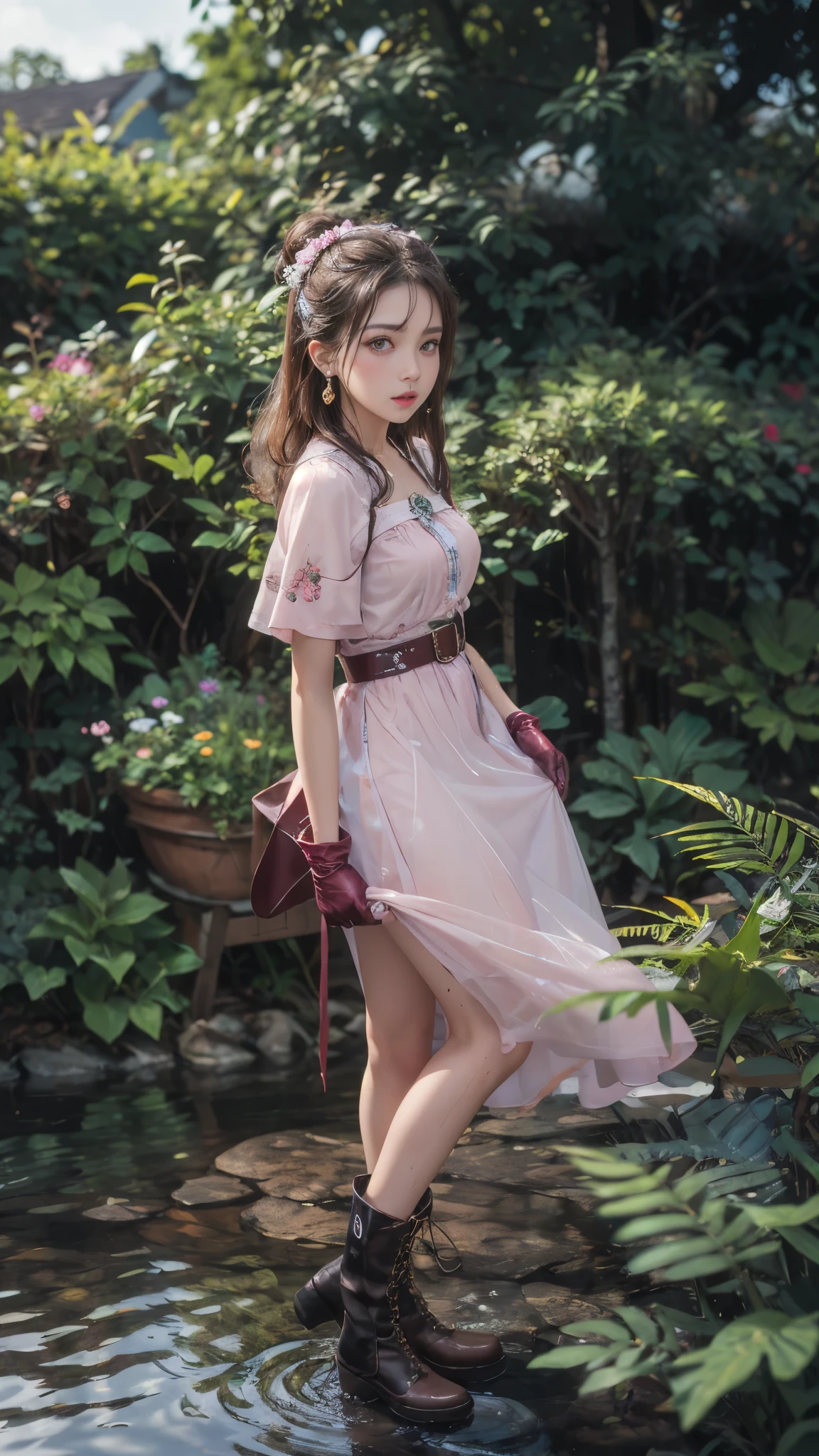 water, wet, masterpiece,best quality, high resolution, Extremely detailed, Elena, have, Long hair, curls, Pink Eyes, earrings, cape,dress, Short sleeve, Gloves, belt, skirt,  boots, Wind lift, blush, (Make it embarrassing:1.2), outdoor,garden,