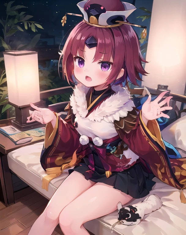 ((masterpiece,best quality:1.2)),(Sit:1.2),Look up:1.3(((Reaching out to the sky:1.2)),starry sky,sad face,1 woman,be_As much as a span,wide sleeves, short hair,((Red Japanese clothes)),Red hair, Sleeves split down to the wrist,small pom pom,Black belt,black mini skirt,ribbon,Have1 Girl, hat, Headdress, Weisumomo, skirt, Juliet sleeves, hairpin, Purple eyes, Busty sleeves, Open mouth, plant, long sleeves, Head between the eyes, 분재 plant, Pleated skirt, Looking at the audience, 검정 skirt, shirt, <xml><input>POV</input></xml>, belt, Purple hair, Black hair, jacket, 빨간색 shirt, Single focus, 칼라 shirt, 검정 belt, mini skirt