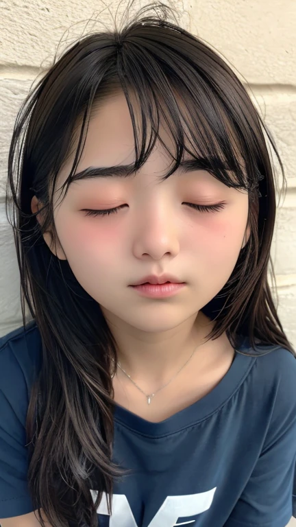 Sexy Woman, close your eyes, Open your mouth, Very deep blush, Red nose tip, Long neck, School Swimsuit、Medium Chest, Visible Cracks, Bedroom, Warm lighting , Lying in bed, Put your head on the pillow, look up 