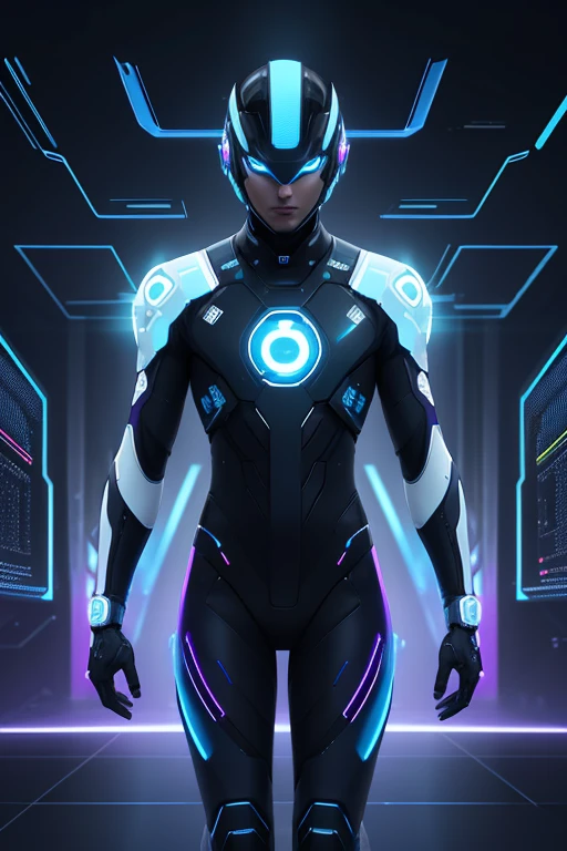 homem robotico, olhos azuis de neon, altura um metro e oitenta, armadura de platina com fibra de vidro azul, titanio, headphone comunicador neon azul,  bladrunner, exterminador do futuro, logotipo expo ISA VALE, logotipo LORENA,