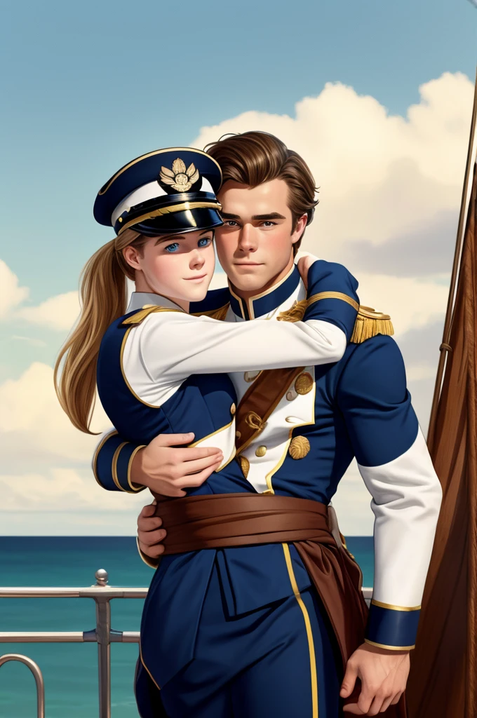 Jack Aubrey hugs the midshipman around the waist. Jack Aubrey,  strong captain, broad shoulders, powerful muscles, in the uniform of a nineteenth-century naval captain, blond, hair tied in a ponytail, 3, clean-shaven face, good-natured face, height 183 centimeters. Young midshipman 1, muscular brunette, bold noble face. 