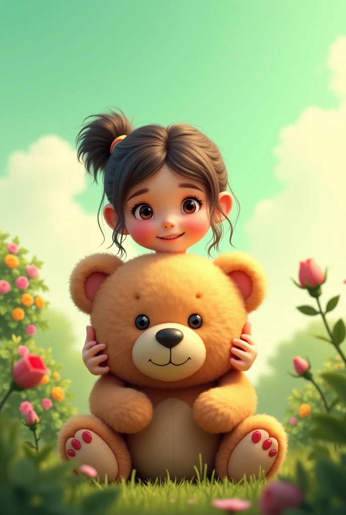 (best quality,4k,8k,highres,masterpiece:1.2),ultra-detailed,(realistic,photorealistic,photo-realistic:1.37),Illustration,Octane Render,morning park,a  walking with a teddy bear, the girl has a bun hairstyle and a smiling face, vibrant colors, soft sunlight, beautiful flowers, green grass, playful atmosphere, peaceful environment,detailed textures, vibrant colors, cute teddy bear outfit, joyful expression