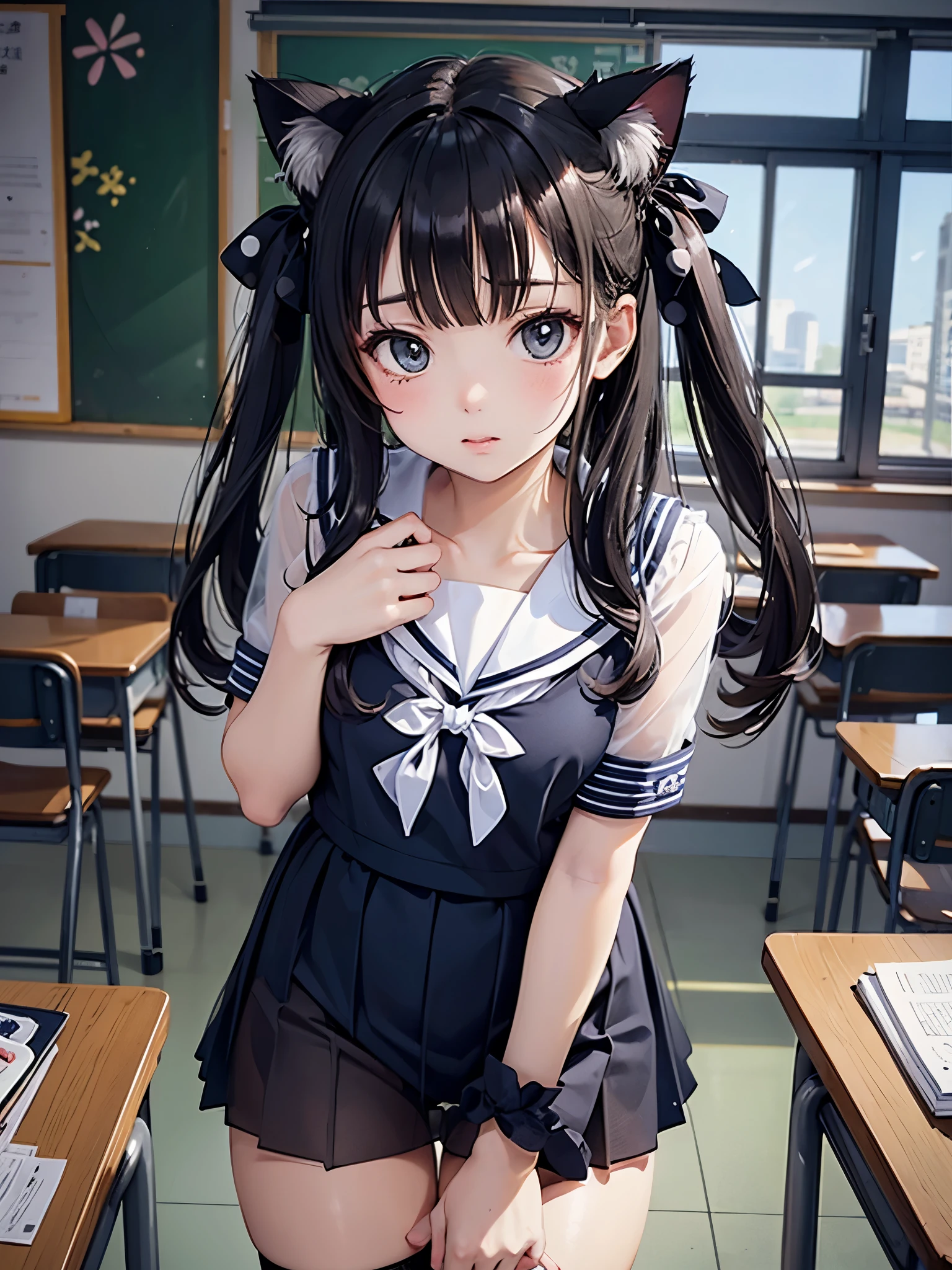 (top-quality、in 8K、32K、masterpiece、nffsw、超A high resolution、Impresionismo、Photorealsitic:1.2)、Colossal tits、cowboy shot, detailed faces and eyes、 Inside the classroom、Schools、Evening glow、beauitful face、blurry backround、16-year-old beautiful girl、shinny skin、Side Up、Beautiful black hair、Blunt bangs、Red Eye、(Katyusha:1.2)、a sailor suit、Pleated miniskirt、Curve、Sitting on a desk、(Opening legs、You can see light panties.:1.2)、embarrassed from、