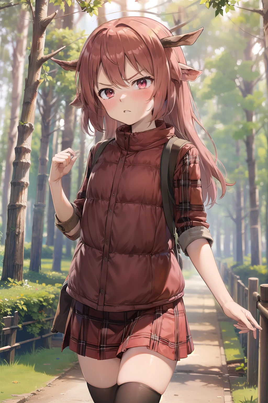 Anime style, long hair ,childshi body ,  angry face , blush, cervo orns ,flat chest , front , forest, skirt  thighhighs 