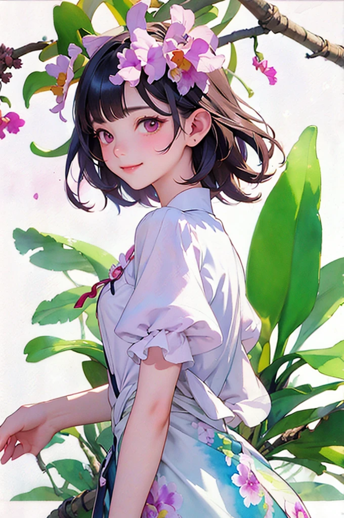 (Best Quality、High resolution、masterpiece)、4K Anime Art、((Cattleya, Three Flowers, close, whole body, full bloom, ))、(Fairy、Short Hair、A kind smile、Small breasts)、Soft Focus、((Sargent-style watercolor))、((White background))、(No background)、Blur the background、
