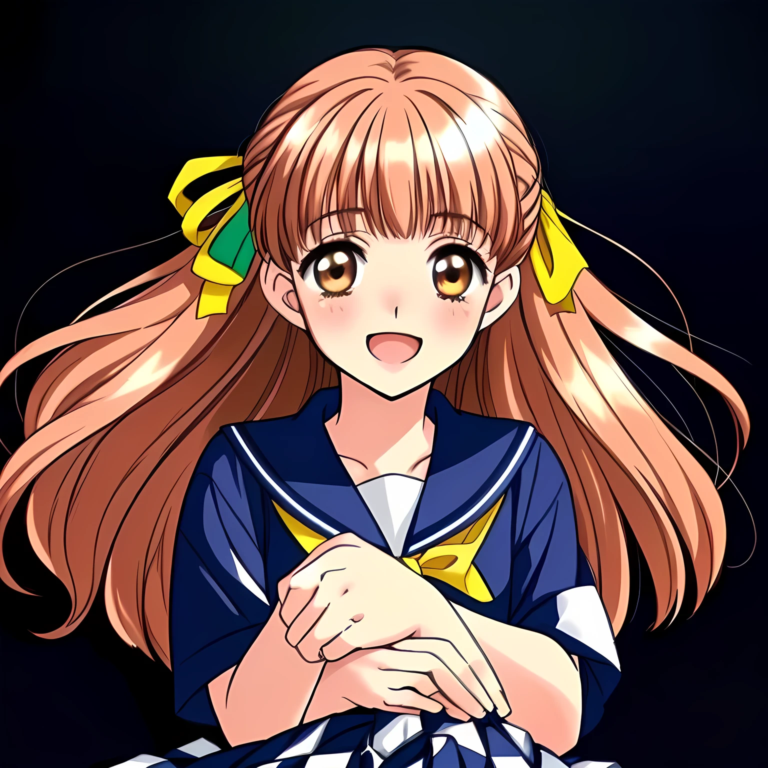 (highest quality, masterpiece: 1.6), (Beautiful noble yo beautiful lying anime noble heroine's portrait, Solo beautiful giggling noble elegant 15yo neat anime heroine wares blue sailor-styled uniform is lying on a magical sexy bed and inviting me into deep harem of siren and succubi, Noble Elegant, navy sailor uniform: 1.5), (Anime-heroine's girly noble laughing giggling brown eyes: 1.6), (Realistic Charming neat navy-colored very-neat well-pleated long checkered school skirt: 1.5), (black background: 1.7), (Eyes, face and hair, and skirt is especially cutely detailed and carefully drawn), (Girl whom everyone loves because of her beauty and lovely fashion and noble manner and mind of succubus and magic-charm of succubus: 1.0), (Very beautiful, wavy, cutely super-super-long straight gorgeous rich black hair like hair model, with elegant big yellow hair ribbons: 1.3), (Drives me crazy for their neat skirts and Make me fall into their skirts: 1.5),