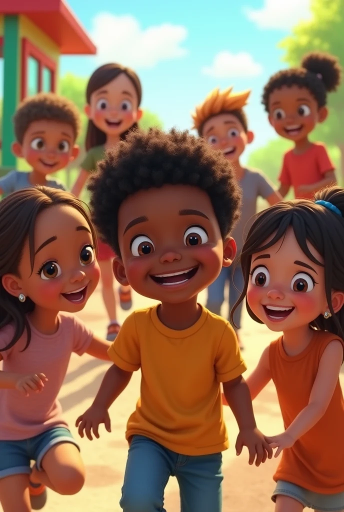 group of 17 children playing in an outdoor park, where a boy is in a wheelchair and wears a blue shirt, a girl is wearing a blouse with colorful puzzles, a boy is wearing a colorful puzzle shirt, two boys have shaved hair, 2 girls have dark skin and curly hair, 02 girls are brunettes with curly hair, 01 has straight hair with bangs, 02 girls have curly hair , 01 has green eyes, cute pixar 3d image
