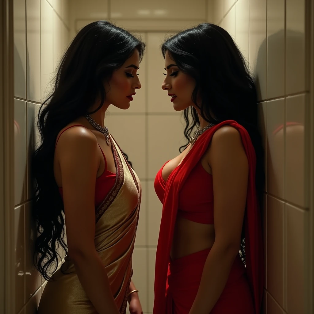 Two wife of the same man, one in red silk saree with deep neck blouse and another in green saree with deep neck blouse fight in bathroom. Both standing back to back with their bare backs and butt touching each other. They look sideways at each other in hatred