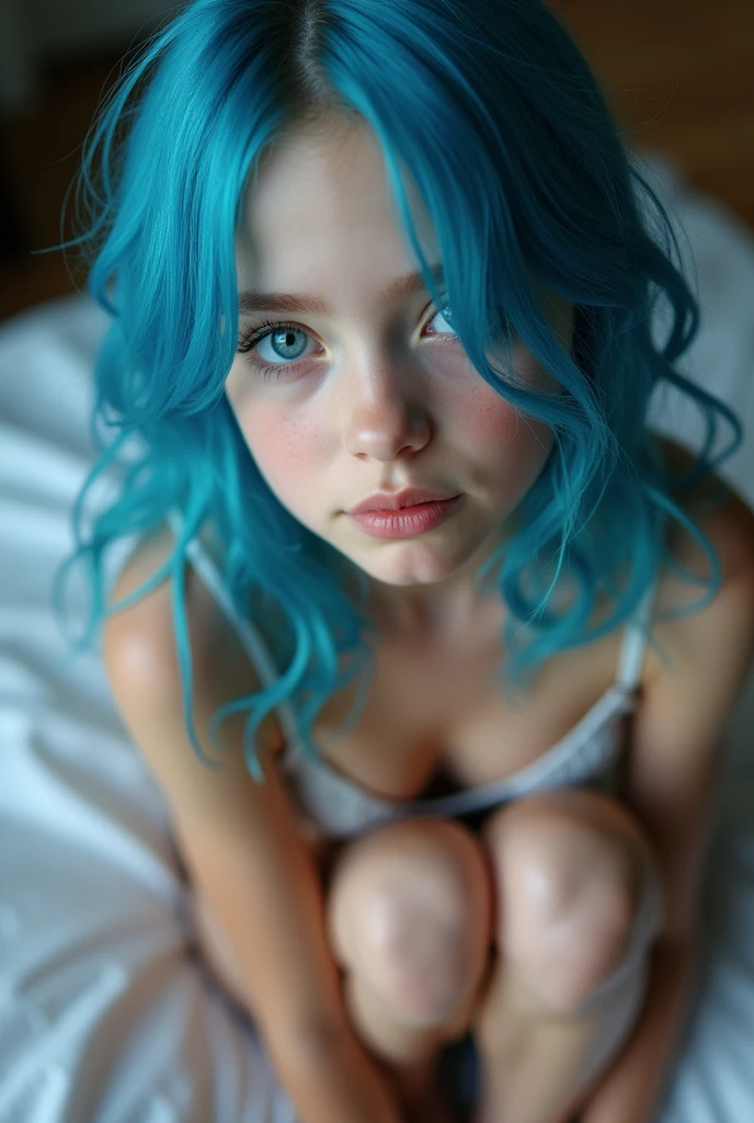 blue haired girl, 20 year old woman, intenste realistic light blue eyes, light freckles, high contrast eyes, slim, sitting on bed wearing a linen nightdress , sexy hot, xxxx, vibratore