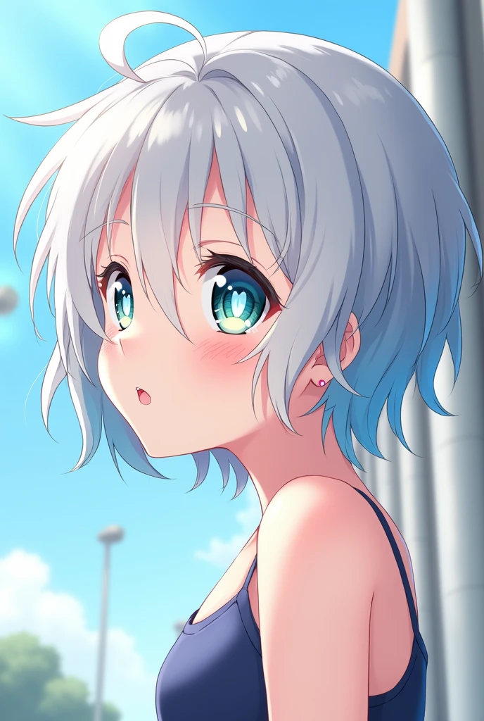 Highest quality, masterpiece, Wallpapers by Unity 8k, (One Girl) , 17 years old、1girl,、Flat Chest、Short T-shirt、under boob、from below, blue sky、Outdoor、Upper Body