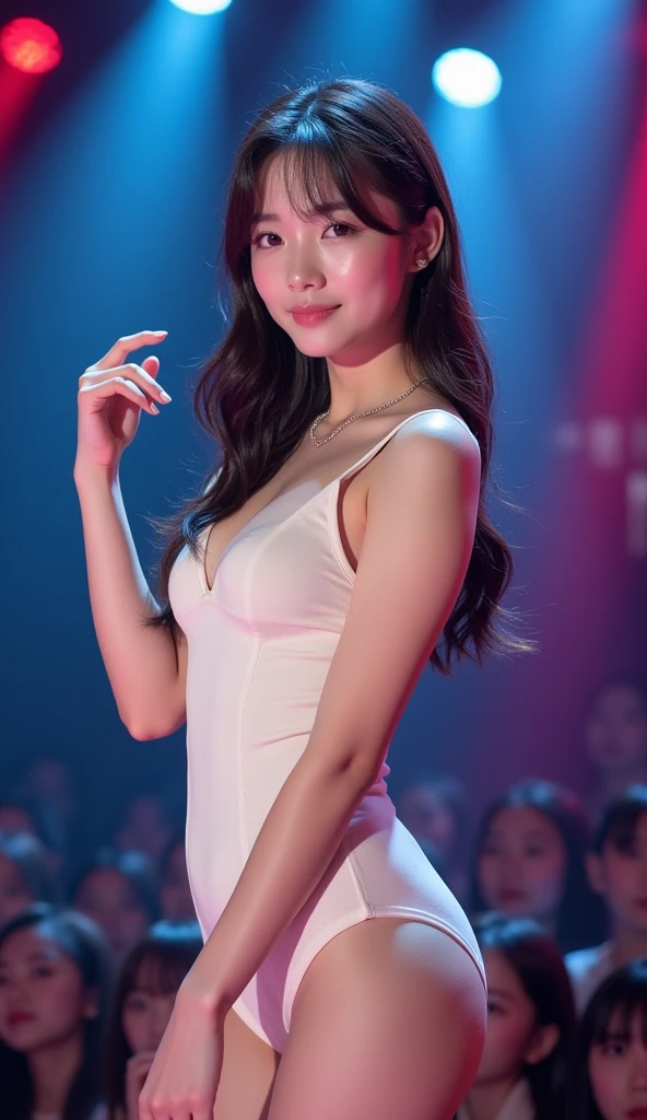 Tzuyu 1, woman, (Realistic), (Hyperrealism), (photoRealistic), Written boundary depth, eye make up:0.7 (whole body:1.8), (Large Bust),(Tight waist), Observe the audience,At the flower garden, Fashion Model, A sexy sheer dress made of all lace with an open shoulder and neckline.