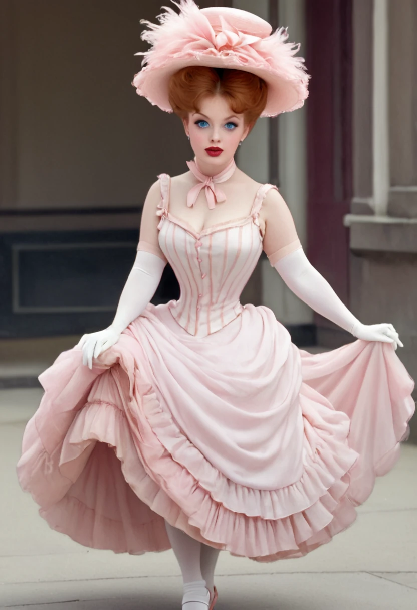 A sexy **** voluptuous ginger Gibson Girl waking down a windy street. Year 1900. 1900_dr3ss. (((Frilly sleeveless top))), sash cinched around her waist, wide-brimmed picture hat with pink feathers, bare shoulders with (((long pink opera gloves, mid-length skirt, petticoats, silk stockings, boots))). Gorgeous youthful face, big blue eyes, pouty red lips. Massive ass